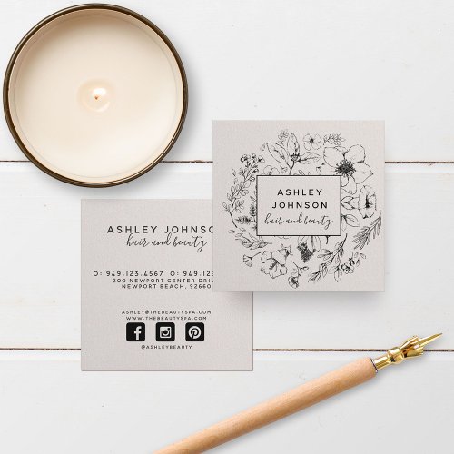 Modern Botanical Blush and Black Hand Lettering Square Business Card