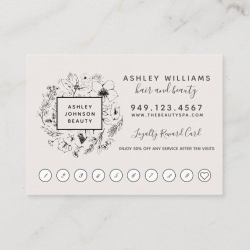 Modern Botanical Blush  Black 10 Visit Loyalty Business Card