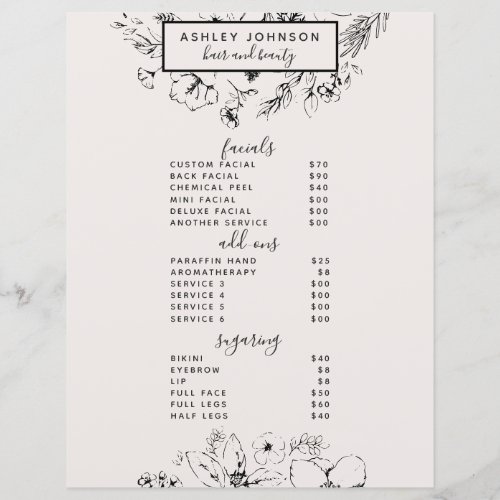 Modern Botanical Blush Black 3 Services Spa Menu