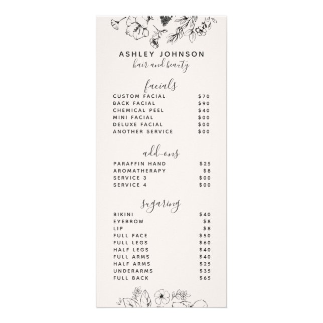 Modern Botanical Blush & Black Spa 3 Services Menu (Front)