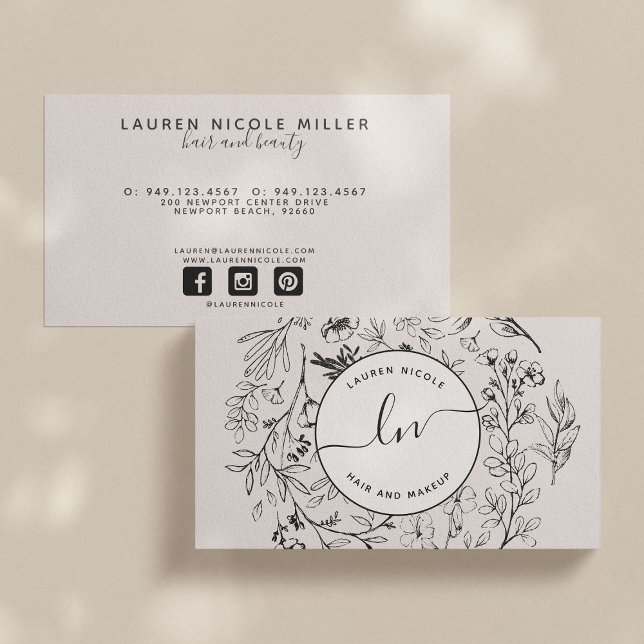 Modern Botanical Blush Black White Script Initials Business Card (Creator Uploaded)