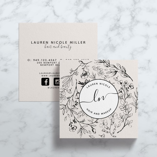 Modern Botanical Blush Black White Script Initials Square Business Card (Creator Uploaded)