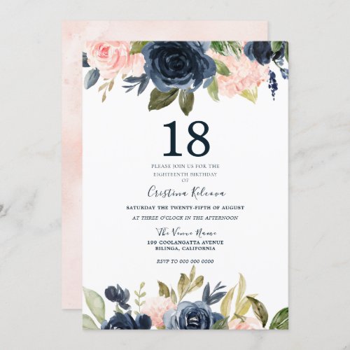 Modern Botanical Blush  Navy Floral 18th Birthday Invitation