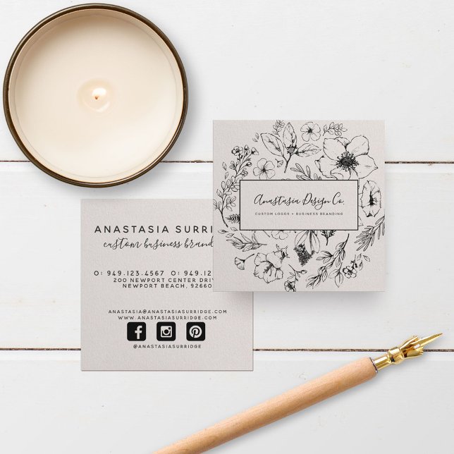 Modern Botanical Blush Pink & Black Script Square Business Card (Creator Uploaded)