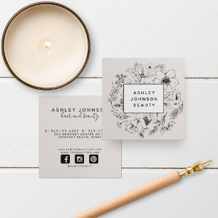 Modern Botanical Blush Pink white and Black Square Business Card