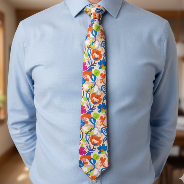 Modern Botanical – Bold Funky Floral Neck Tie (Bright floral necktie)