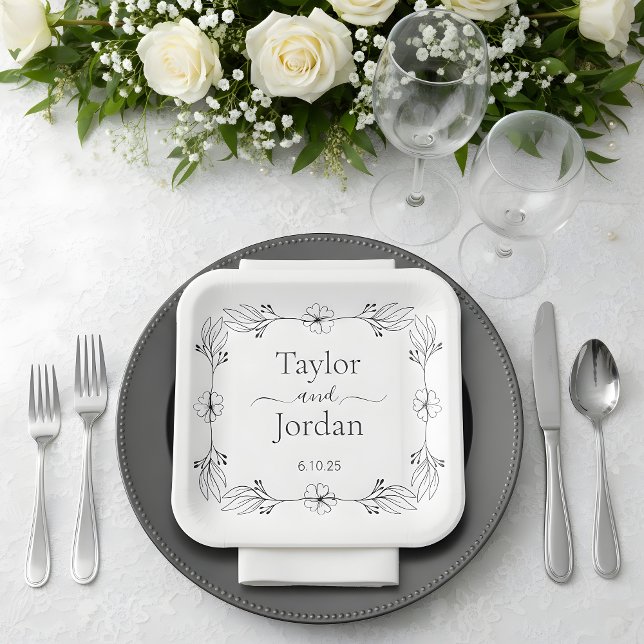 Modern Botanical Border Custom Name Wedding  Paper Plates (Creator Uploaded)