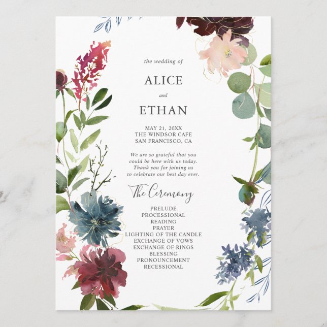 Modern Botanical Burgundy Eucalyptus Wedding Program (Front)