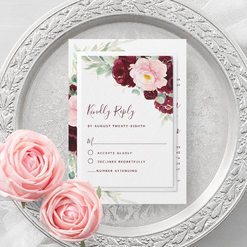 Modern Botanical Burgundy Floral Wedding RSVP Card