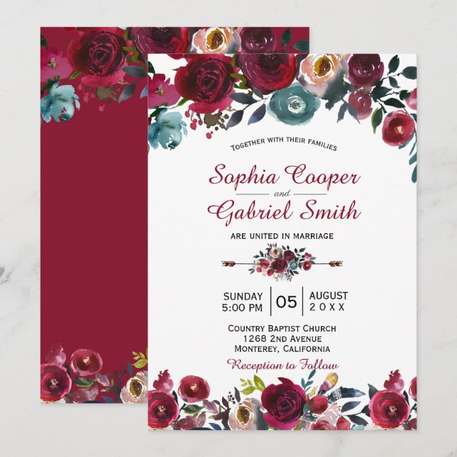 Modern Botanical Burgundy Navy Floral Wedding Invitation (Front/Back)