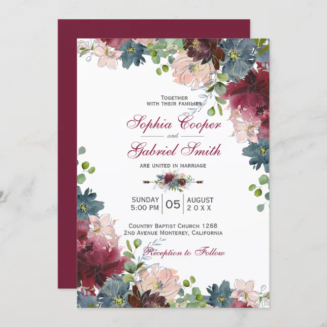 Modern Botanical Burgundy Navy Pink Floral Wedding Invitation | Zazzle