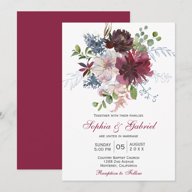Modern Botanical Burgundy Navy Pink Floral Wedding Invitation (Front/Back)