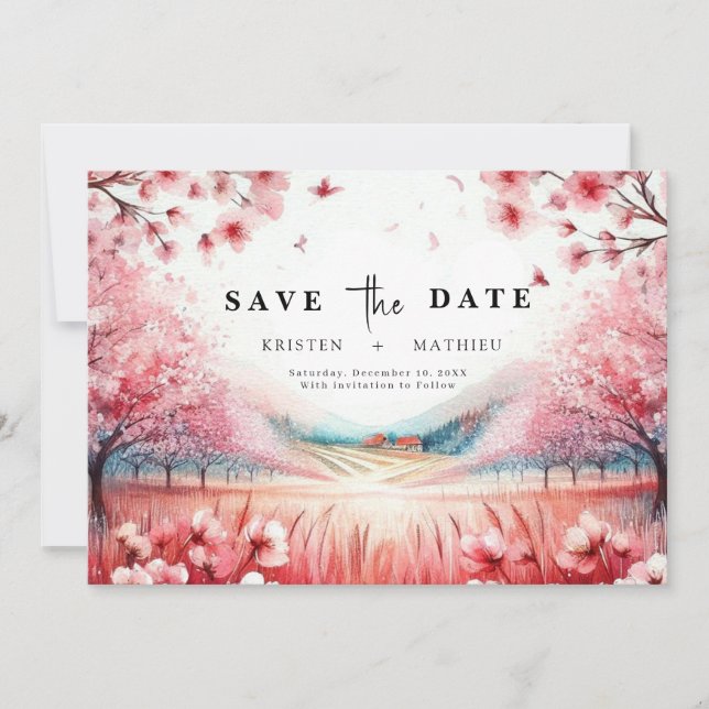 Modern Botanical Cherry Blossom Wedding Save The Date (Front)