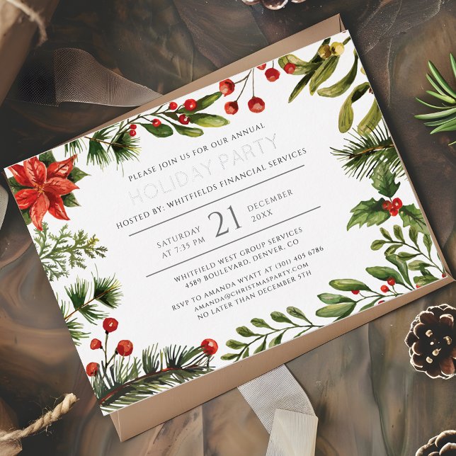 Modern Botanical Christmas Party Silver Foil Invitation (Christmas Holidays Botanical Corporate Party Invitation)