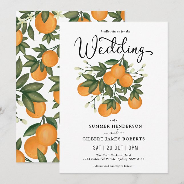 Modern Botanical Citrus Orange Greenery Wedding Invitation (Front/Back)