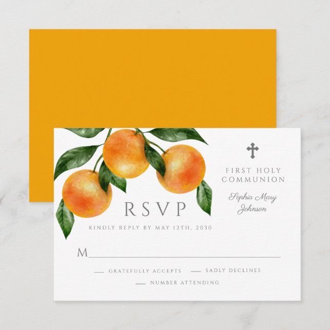 Modern Botanical Citrus Religious First Communion  RSVP Card (Front/Back)