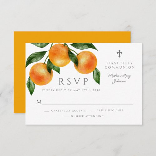 Modern Botanical Citrus Religious First Communion  RSVP Card