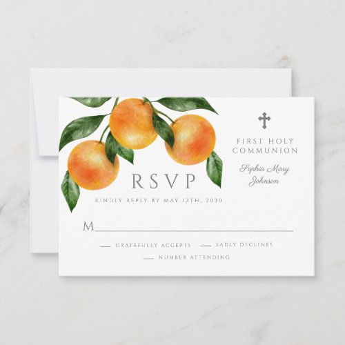 Modern Botanical Citrus Religious First Communion RSVP Card
