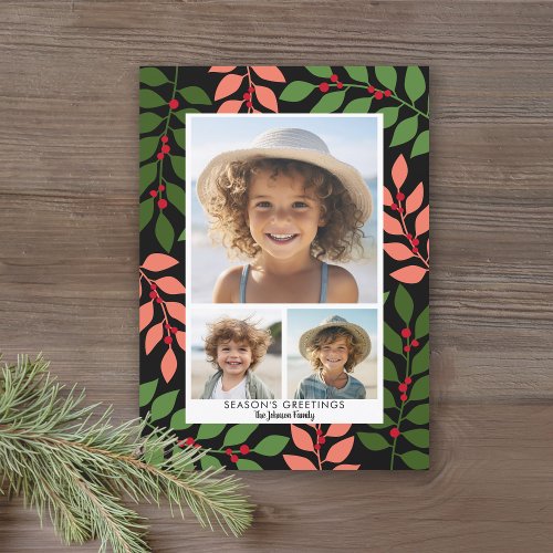 Modern botanical coral black green _ 3 photo holiday card