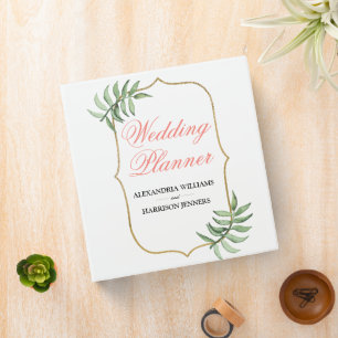 Modern Botanical Coral Green Gold Wedding Planner 3 Ring Binder