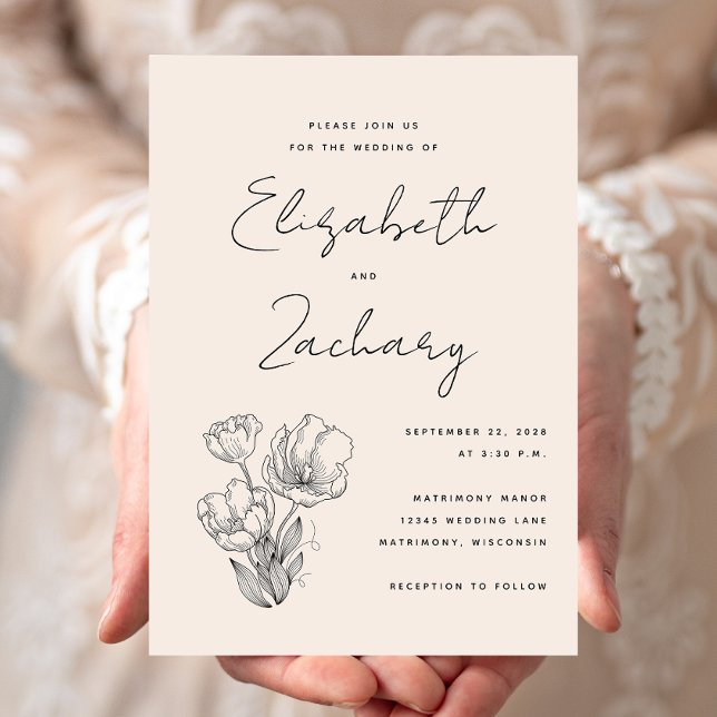 Modern Botanical Cream Black Wedding Invitation (Creator Uploaded)