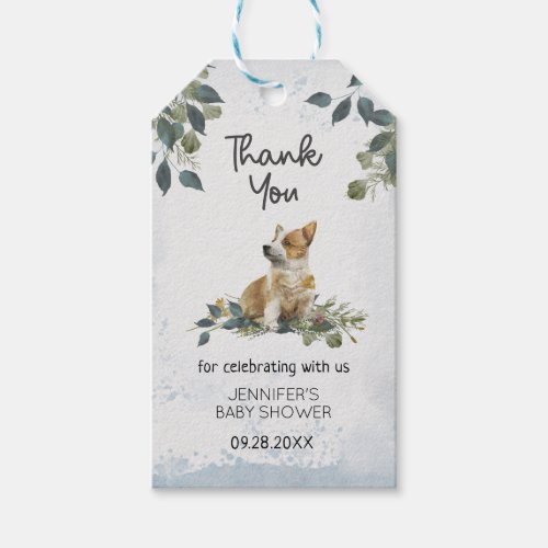 Modern Botanical Cute Puppy Baby Shower Thank You Gift Tags