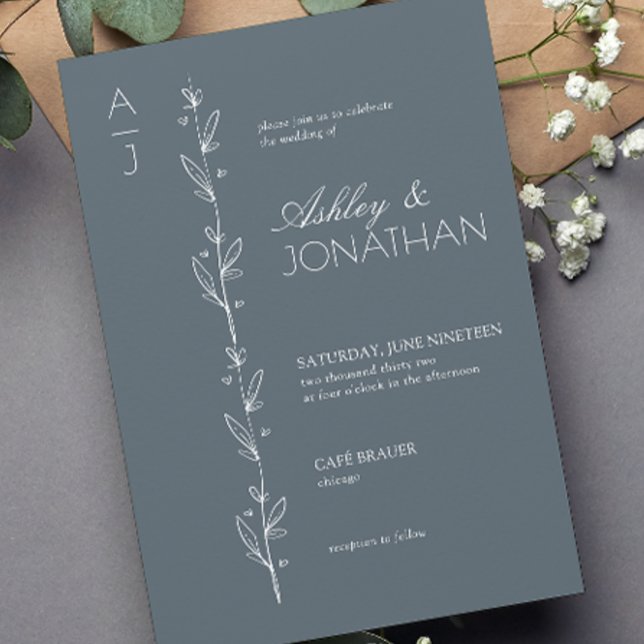 Modern Botanical Divider Dusty Blue Wedding Invitation (Creator Uploaded)