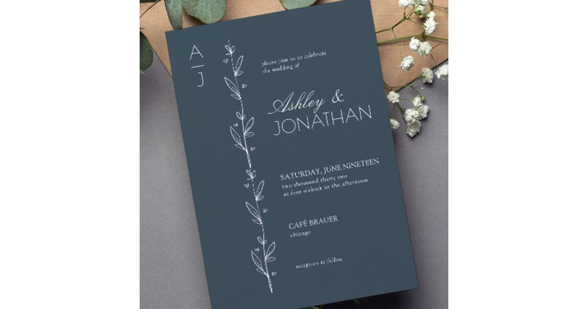 Modern Botanical Divider Navy Blue Wedding Invitation | Zazzle