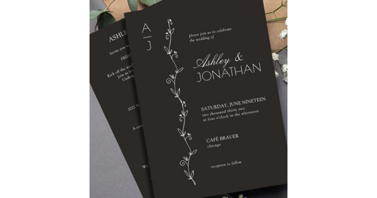 Modern Botanical Divider Wedding Black All-in-One Invitation | Zazzle