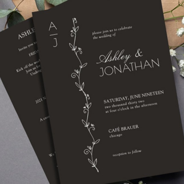 Modern Botanical Divider Wedding Black All-in-One Invitation (Creator Uploaded)