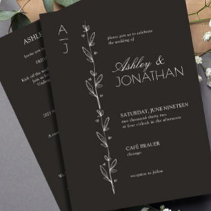 Modern Botanical Divider Wedding Black All-in-One Invitation