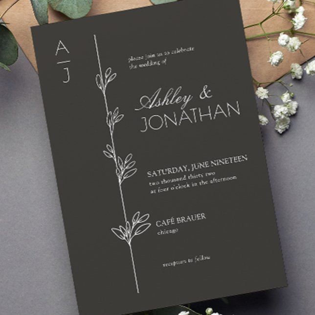 Modern Botanical Divider Wedding Black Invitation (Creator Uploaded)
