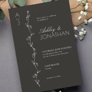 Modern Botanical Divider Wedding Black Invitation