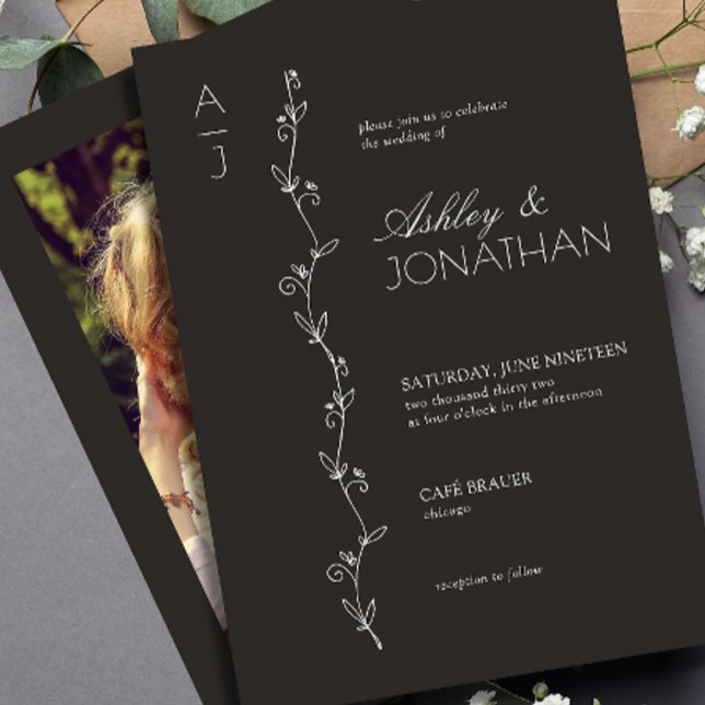 Modern Botanical Divider Wedding Black Photo Invitation (Creator Uploaded)