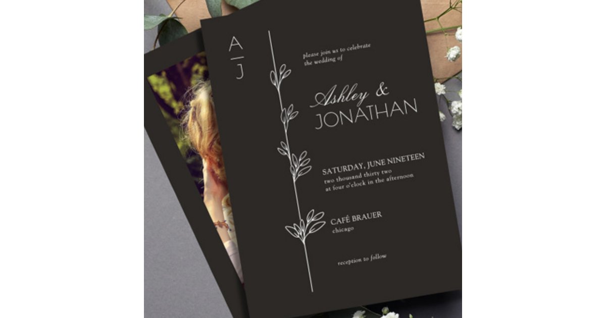 Modern Botanical Divider Wedding Black Photo Invitation | Zazzle
