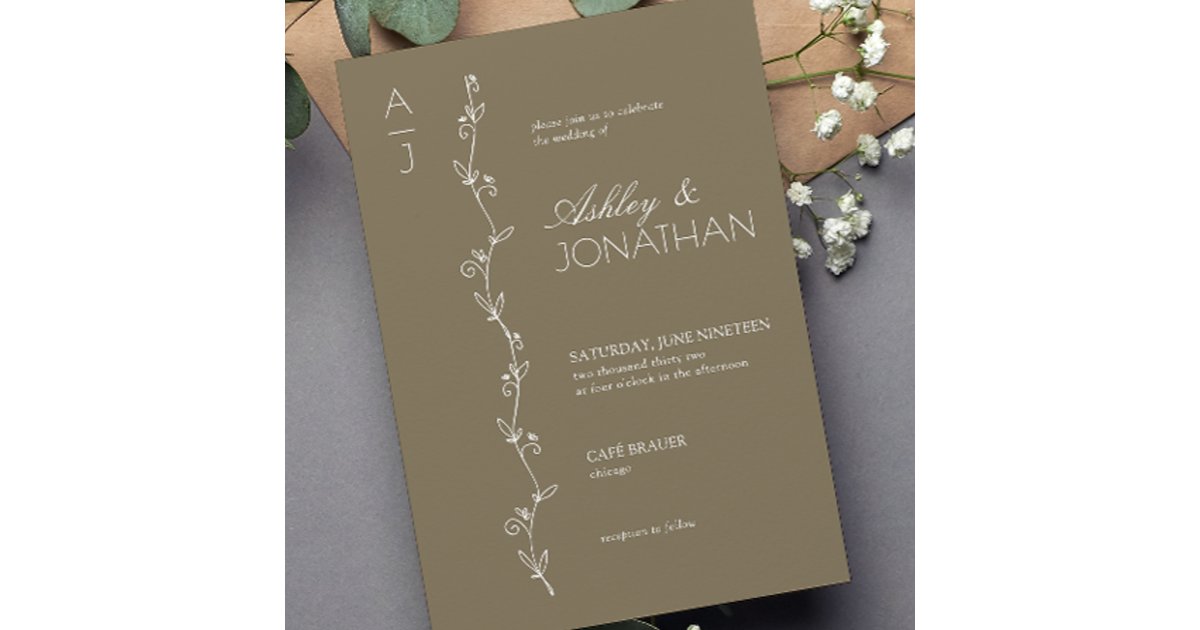 Modern Botanical Divider Wedding Brown Invitation | Zazzle