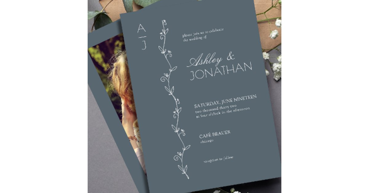 Modern Botanical Divider Wedding Dusty Blue Photo Invitation | Zazzle
