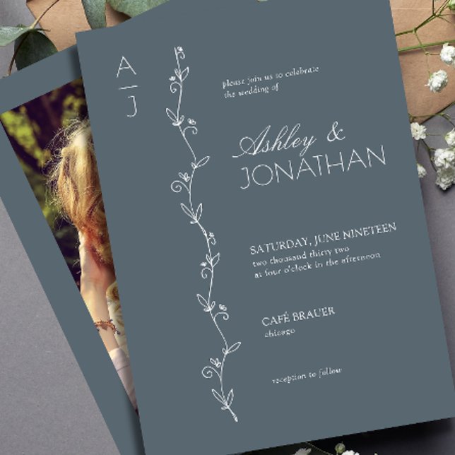Modern Botanical Divider Wedding Dusty Blue Photo Invitation (Creator Uploaded)