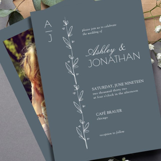 Modern Botanical Divider Wedding Dusty Blue Photo Invitation (Creator Uploaded)