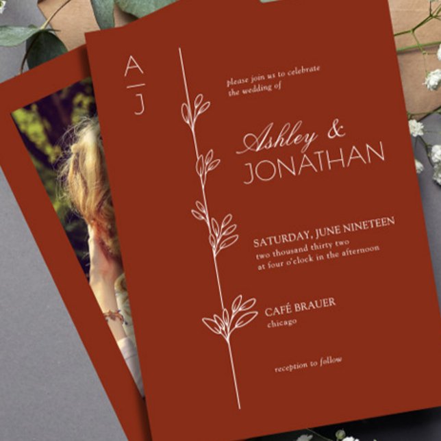 Modern Botanical Divider Wedding Redwood Photo Invitation (Creator Uploaded)