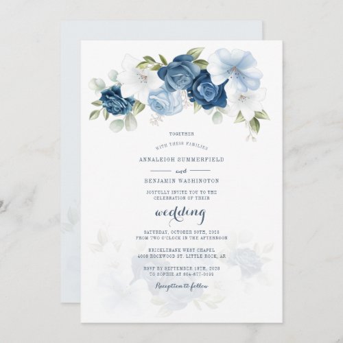 Modern Botanical Dusty Blue Floral Script Wedding Invitation
