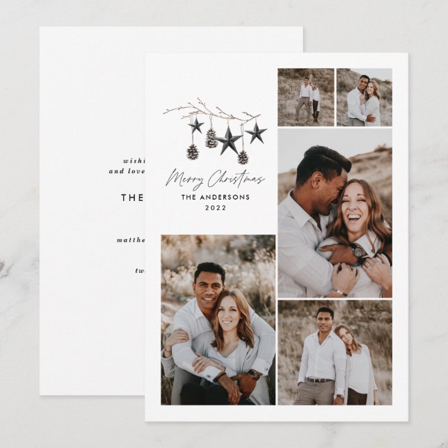 Modern botanical elegant black white stylish holid holiday card (Front/Back)