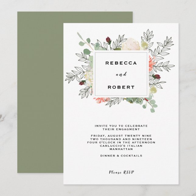 modern botanical engagement party invitation (Front/Back)