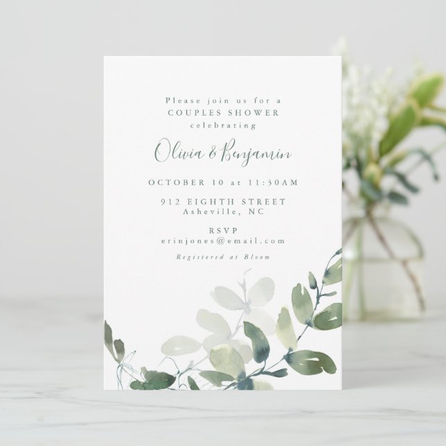 Modern Botanical Eucalyptus Boho Couples Shower Invitation (Standing Front)