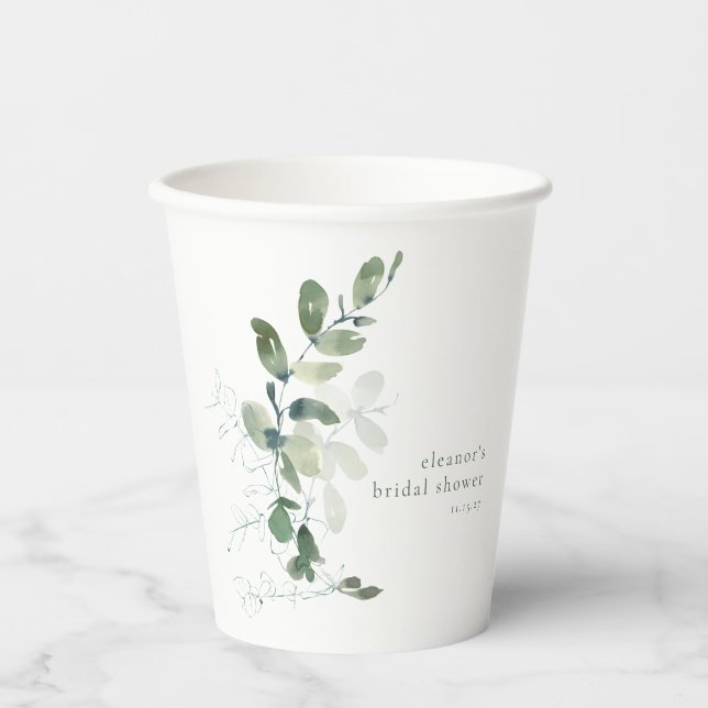 Modern Botanical Eucalyptus Custom Bridal Shower  Paper Cups (Front)