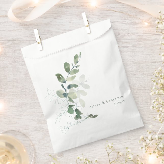 Modern Botanical Eucalyptus Custom Wedding Name  Favor Bag (Clipped)