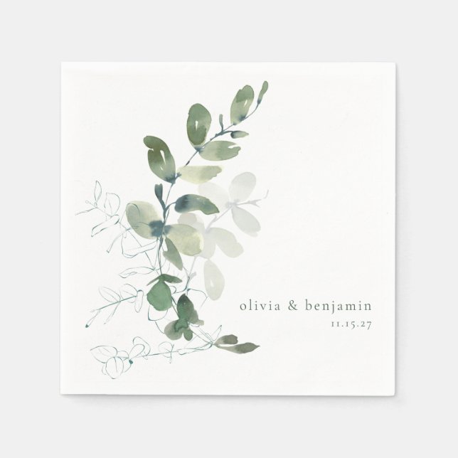 Modern Botanical Eucalyptus Custom Wedding Name Napkins (Front)