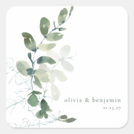 Modern Botanical Eucalyptus Custom Wedding Name Square Sticker