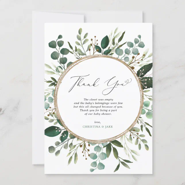 Modern Botanical Eucalyptus Greenery Baby Shower Thank You Card | Zazzle