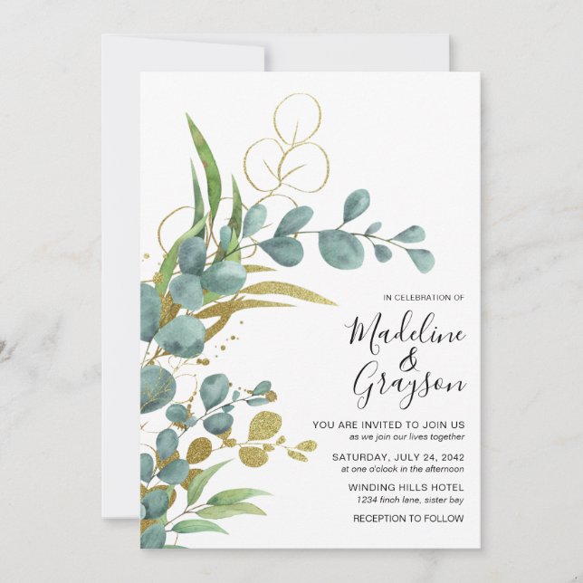 Modern Botanical Eucalyptus Greenery Wedding Invitation (Front)